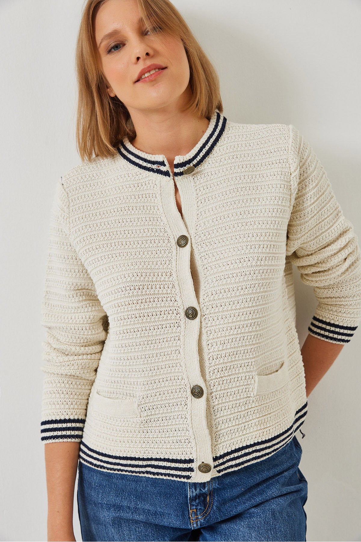 Ecru - Navy Women Cardigan