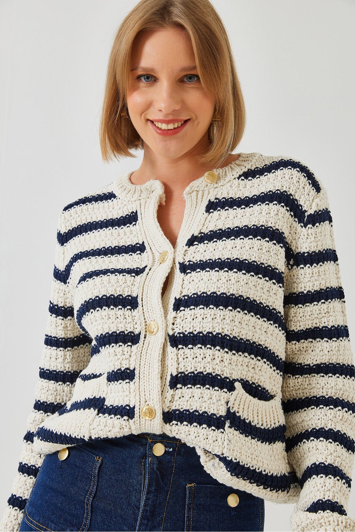 Ecru - Navy Women Cardigan